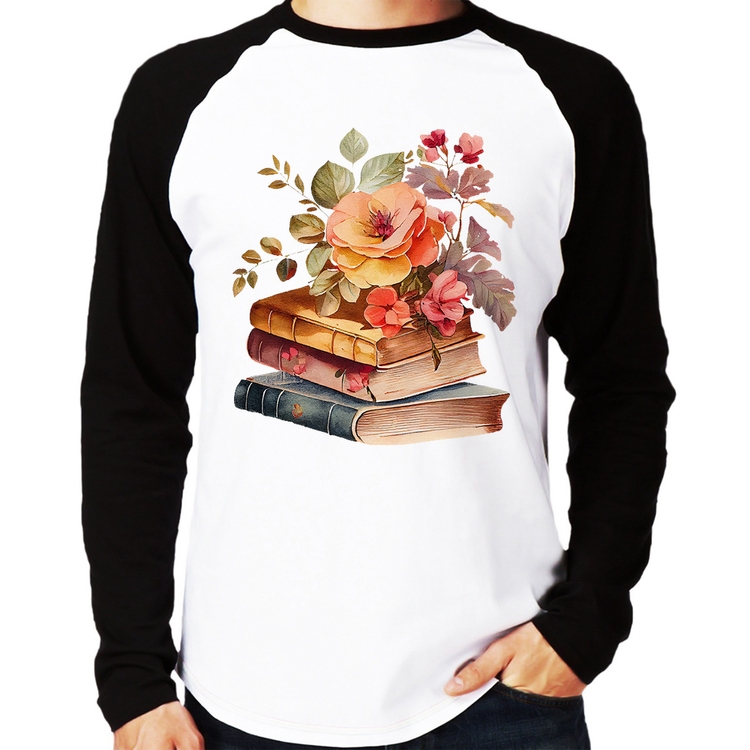Camiseta Raglan Livros e flores Manga Longa