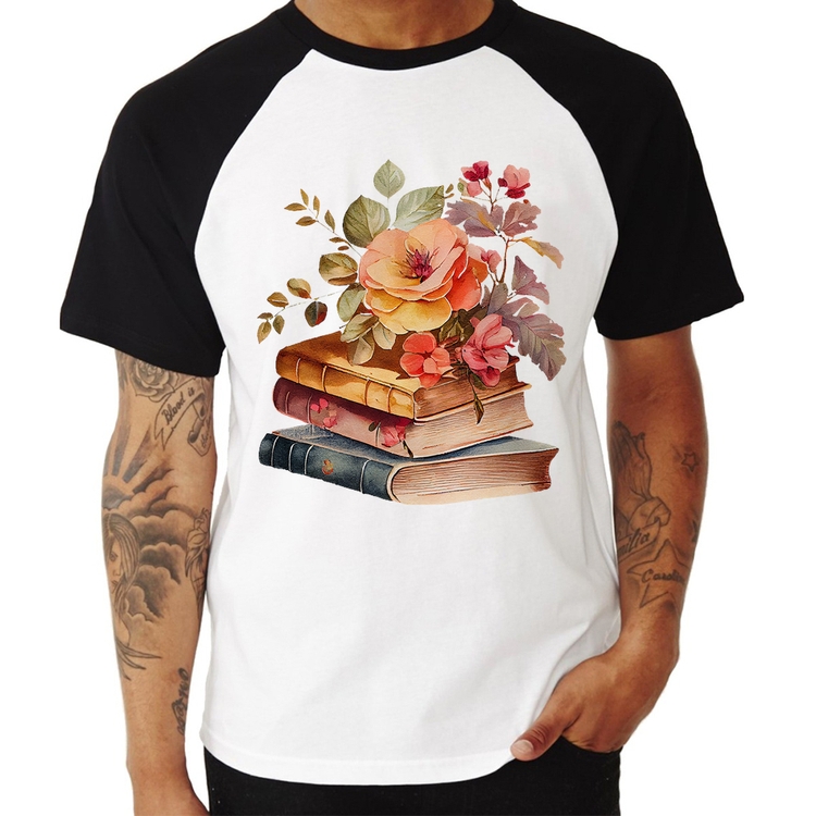 Camiseta Raglan Livros e flores