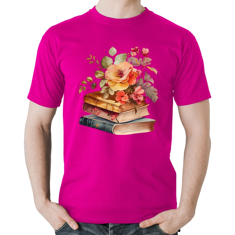 Camiseta Algodão Livros e flores - Rosa