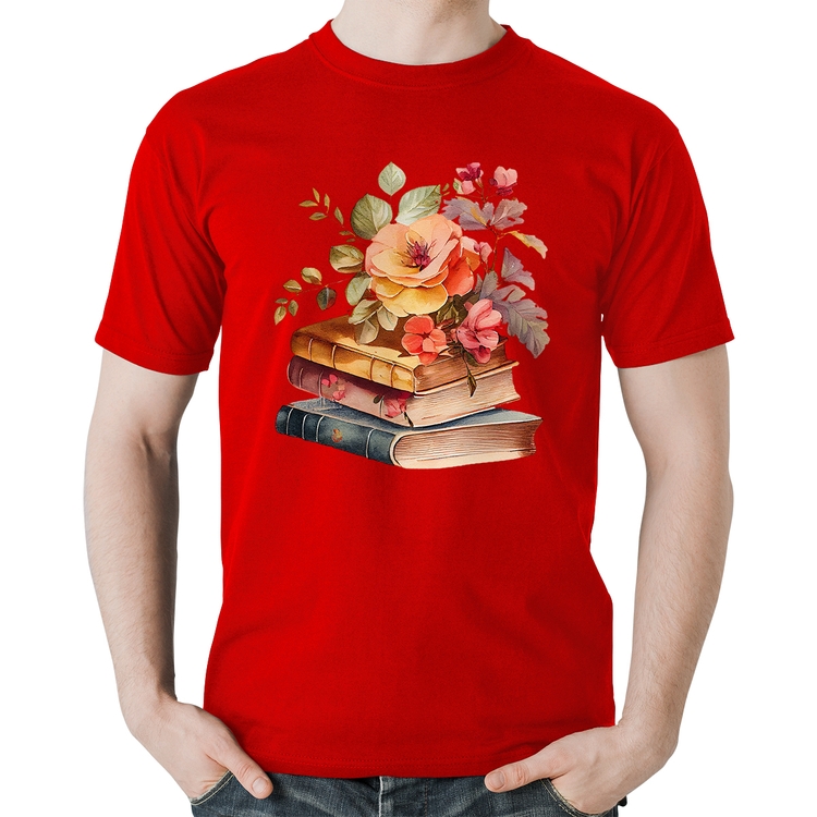 Camiseta Algodão Livros e flores - Vermelha