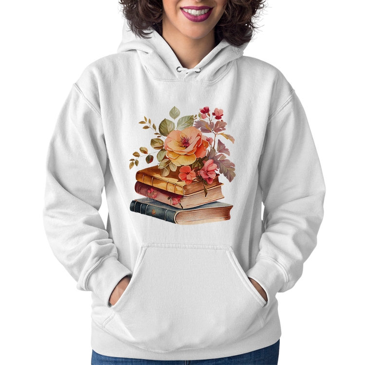 Moletom Feminino Livros e flores - Branco