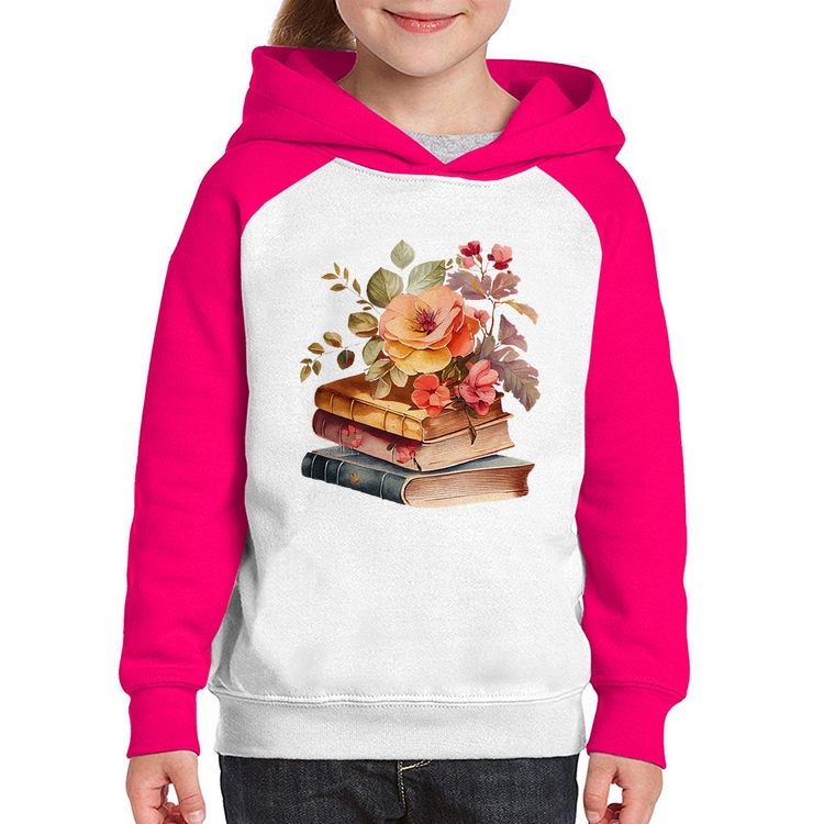 Moletom Infantil Livros e flores - Branco/Rosa