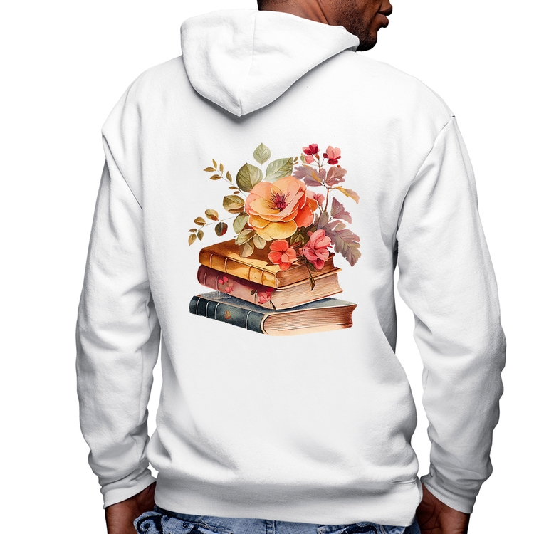 Blusa Moletom Livros e flores Masculina com Capuz e Zíper - Branca