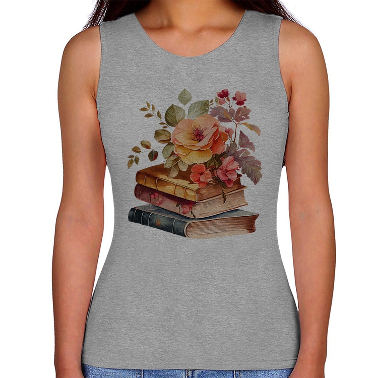 Regata Feminina Livros e flores - Cinza