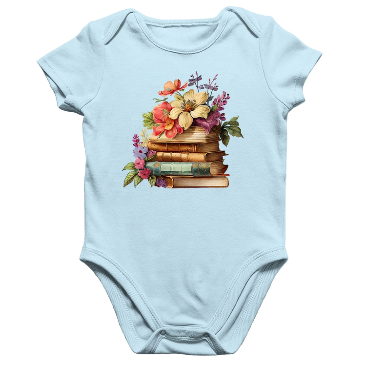 Body Bebê Algodão Livros e Flores Vintage - Azul Bebê
