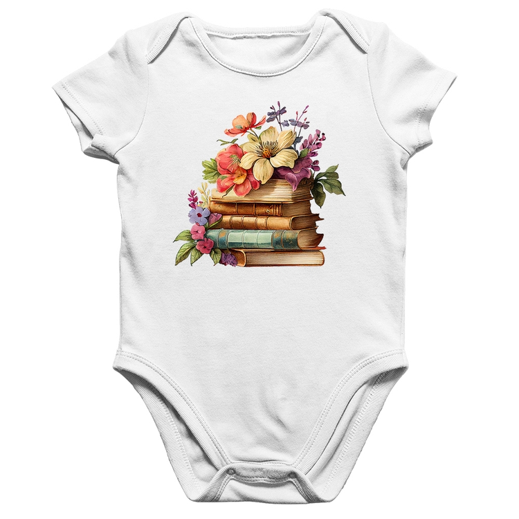 Body Bebê Algodão Livros e Flores Vintage - Branco
