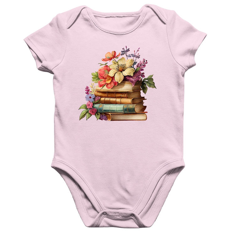 Body Bebê Algodão Livros e Flores Vintage - Rosa Bebê