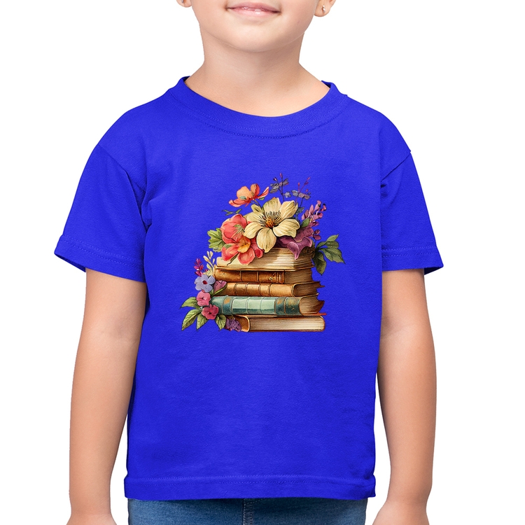 Camiseta Algodão Infantil Livros e Flores Vintage - Azul Royal