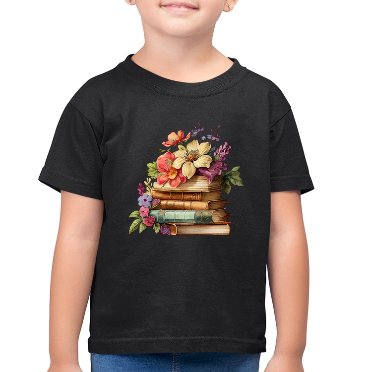 Camiseta Algodão Infantil Livros e Flores Vintage