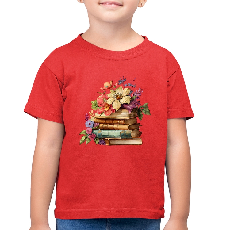 Camiseta Algodão Infantil Livros e Flores Vintage - Vermelha