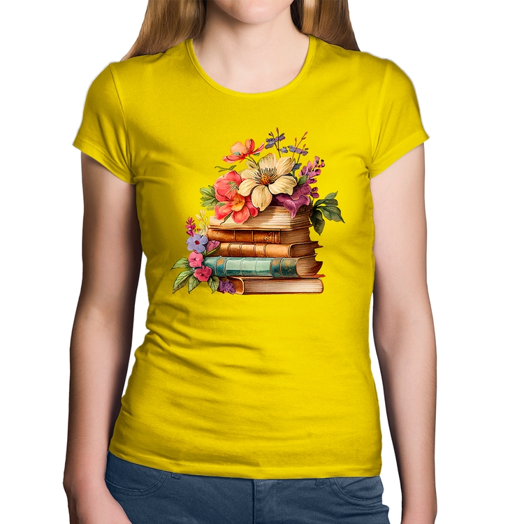 Baby Look Algodão Livros e Flores Vintage - Amarela