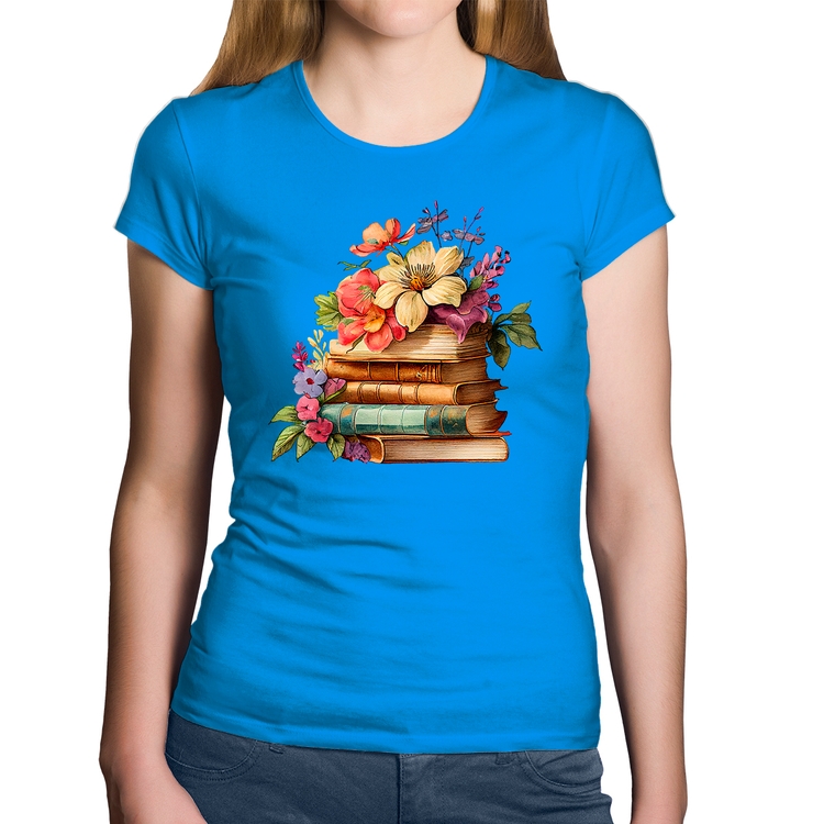 Baby Look Algodão Livros e Flores Vintage - Azul