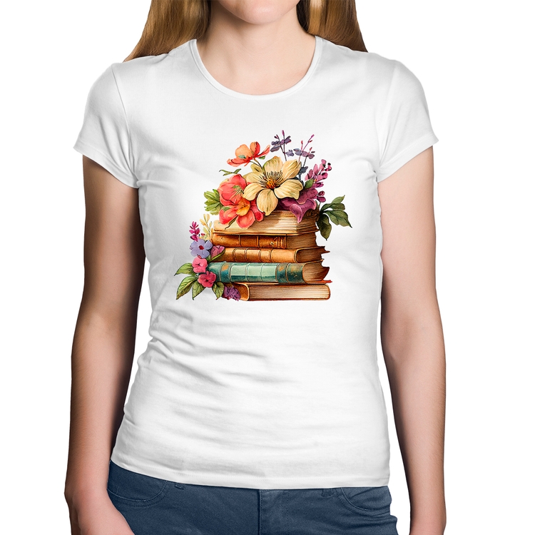 Baby Look Algodão Livros e Flores Vintage - Branca