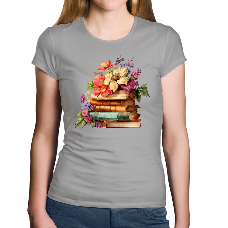 Baby Look Algodão Livros e Flores Vintage - Cinza