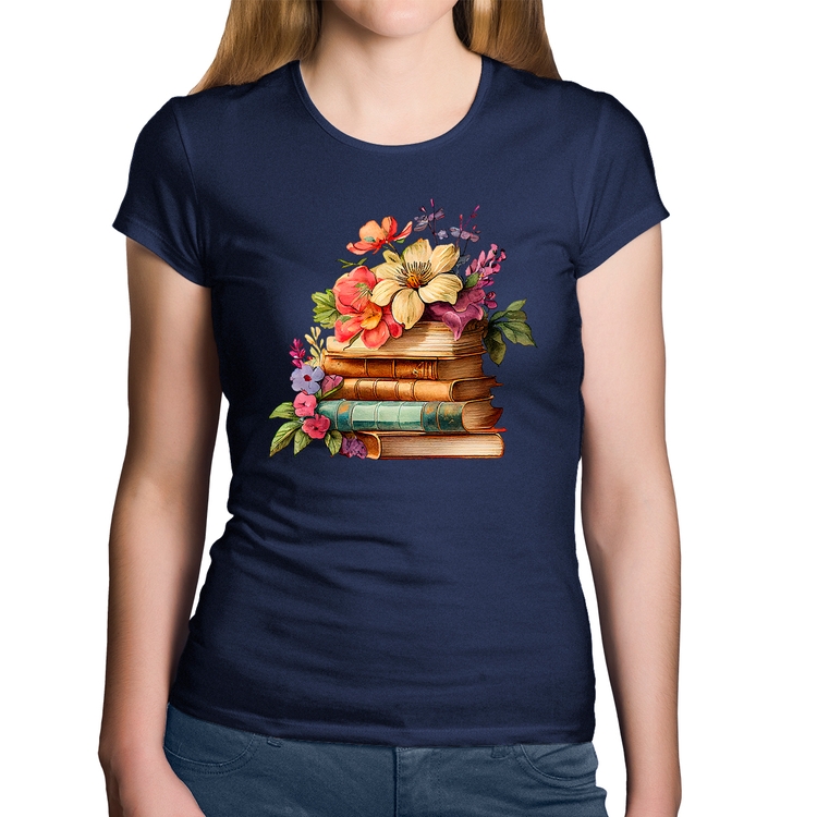 Baby Look Algodão Livros e Flores Vintage - Marinho