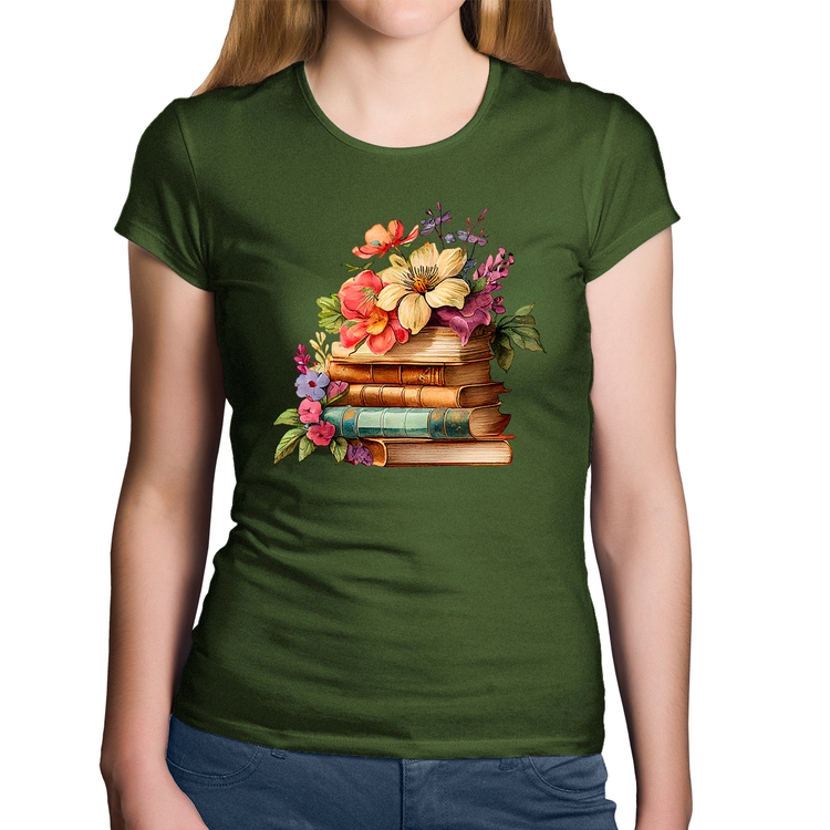 Baby Look Algodão Livros e Flores Vintage - Musgo