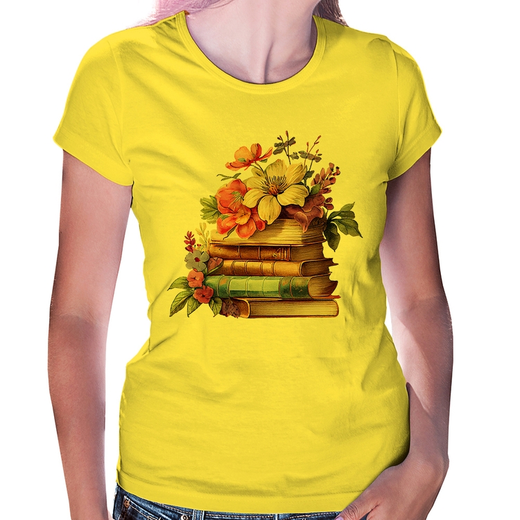 Baby Look Livros e Flores Vintage - Amarela