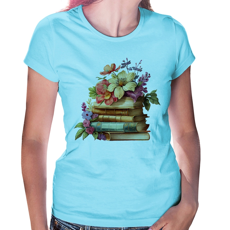 Baby Look Livros e Flores Vintage - Azul Bebê