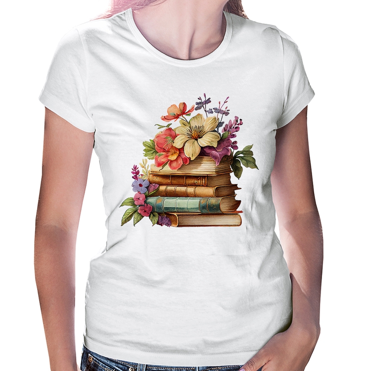 Baby Look Livros e Flores Vintage