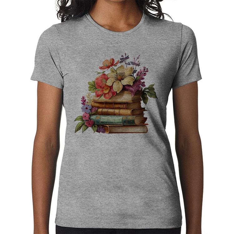 Baby Look Livros e Flores Vintage - Cinza