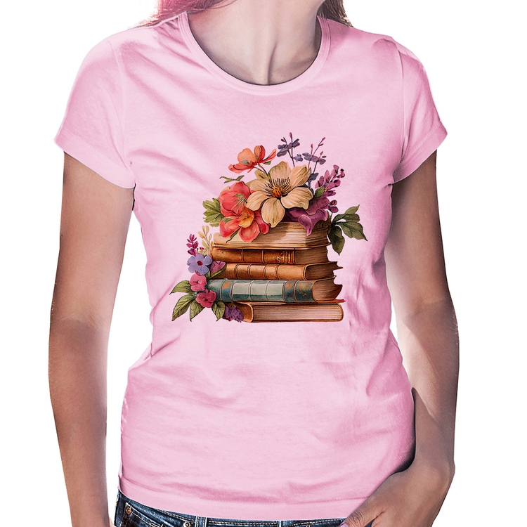 Baby Look Livros e Flores Vintage - Rosa Bebê