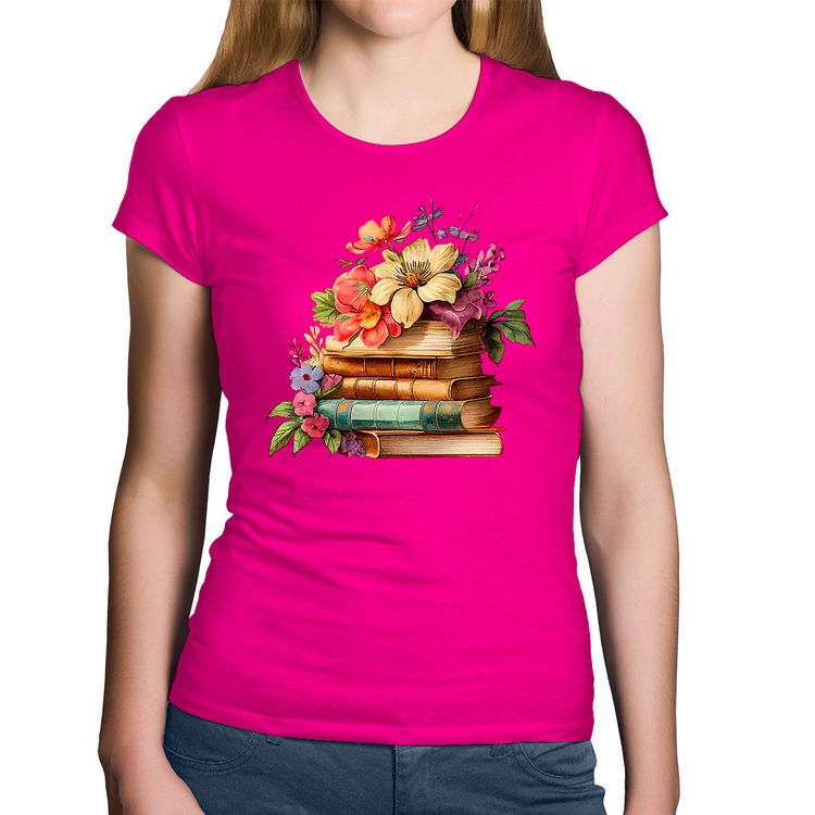 Baby Look Algodão Livros e Flores Vintage - Rosa