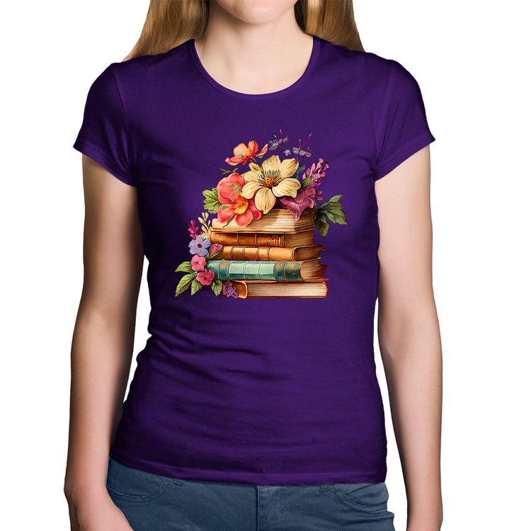 Baby Look Algodão Livros e Flores Vintage - Roxa