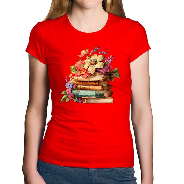 Baby Look Algodão Livros e Flores Vintage - Vermelha