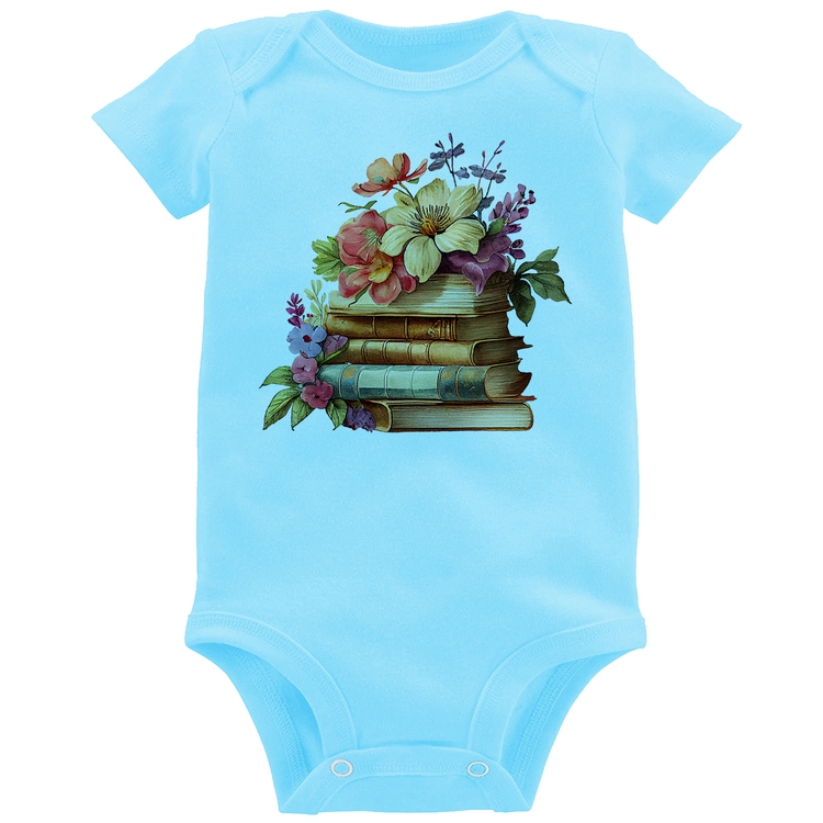 Body Bebê Livros e Flores Vintage - Azul Bebê