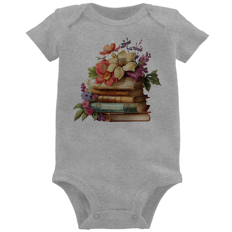 Body Bebê Livros e Flores Vintage - Cinza