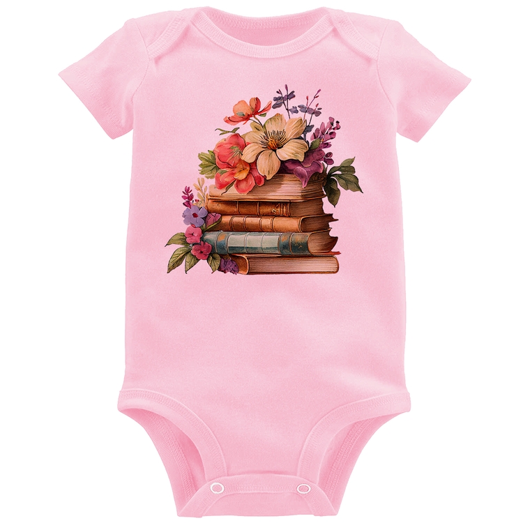 Body Bebê Livros e Flores Vintage - Rosa Bebê