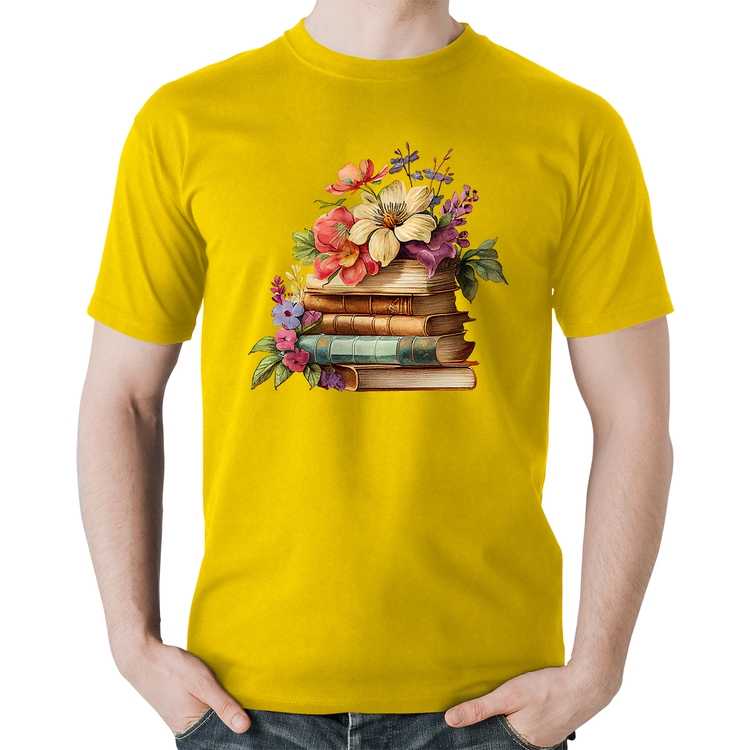 Camiseta Algodão Livros e Flores Vintage - Amarela
