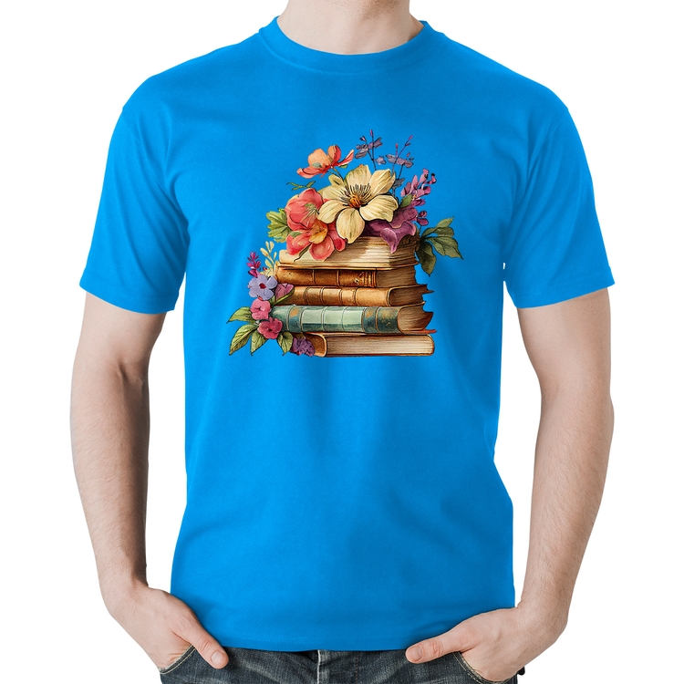 Camiseta Algodão Livros e Flores Vintage - Azul