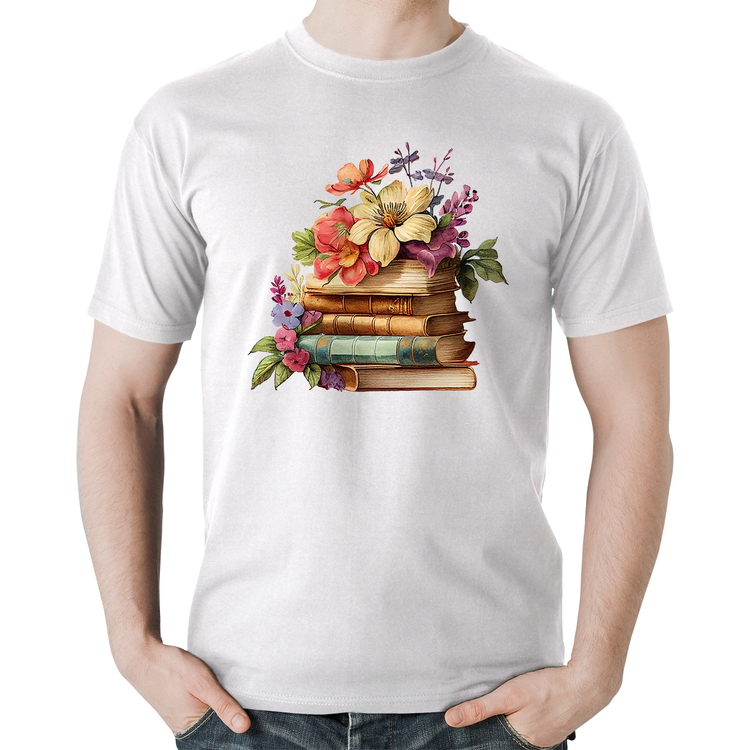 Camiseta Algodão Livros e Flores Vintage - Branca