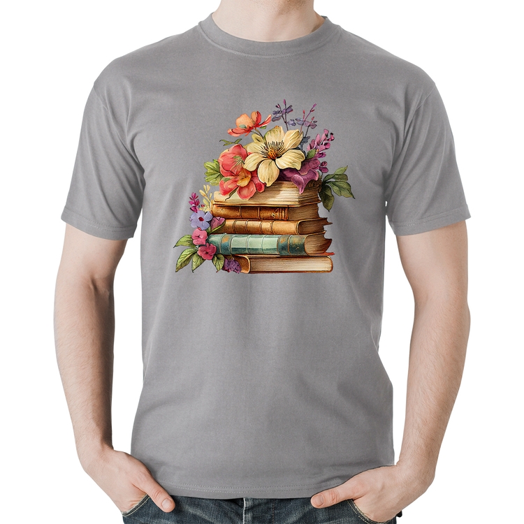 Camiseta Algodão Livros e Flores Vintage - Cinza