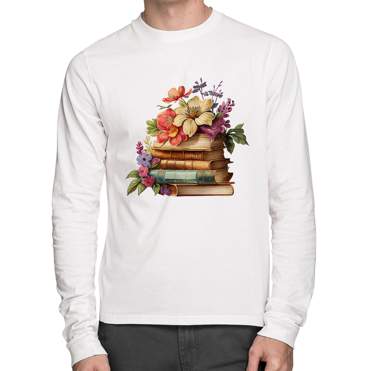 Camiseta Algodão Livros e Flores Vintage Manga Longa - Branca