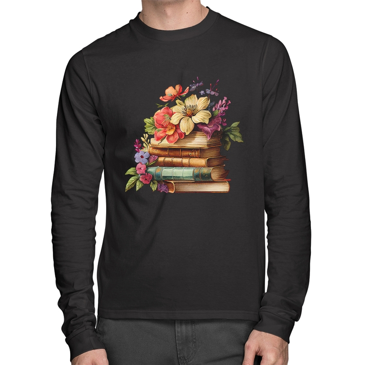 Camiseta Algodão Livros e Flores Vintage Manga Longa