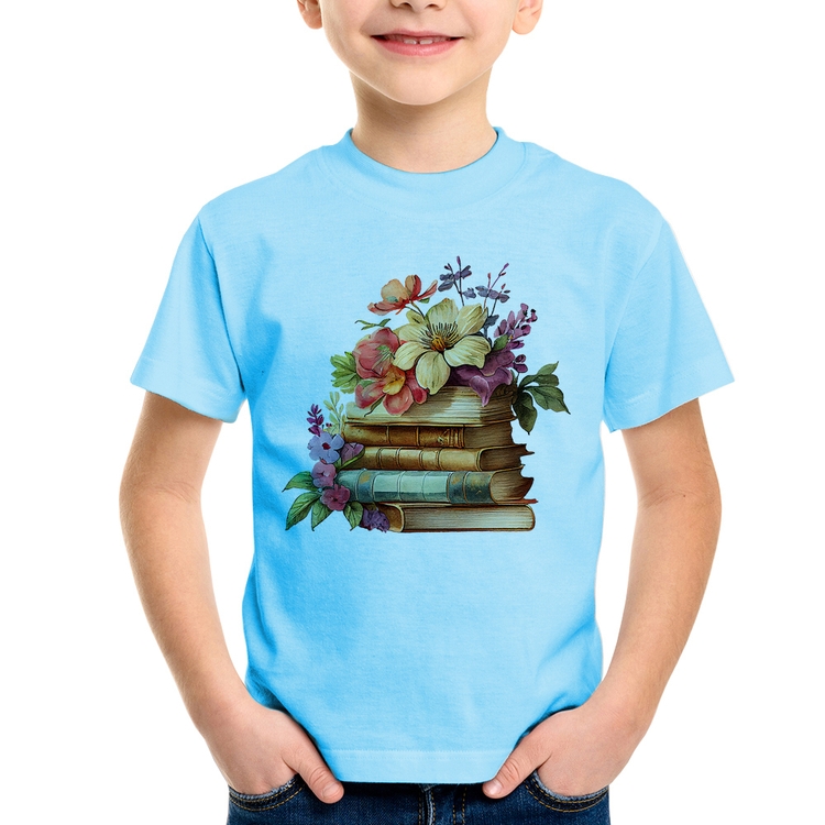 Camiseta Infantil Livros e Flores Vintage - Azul Bebê