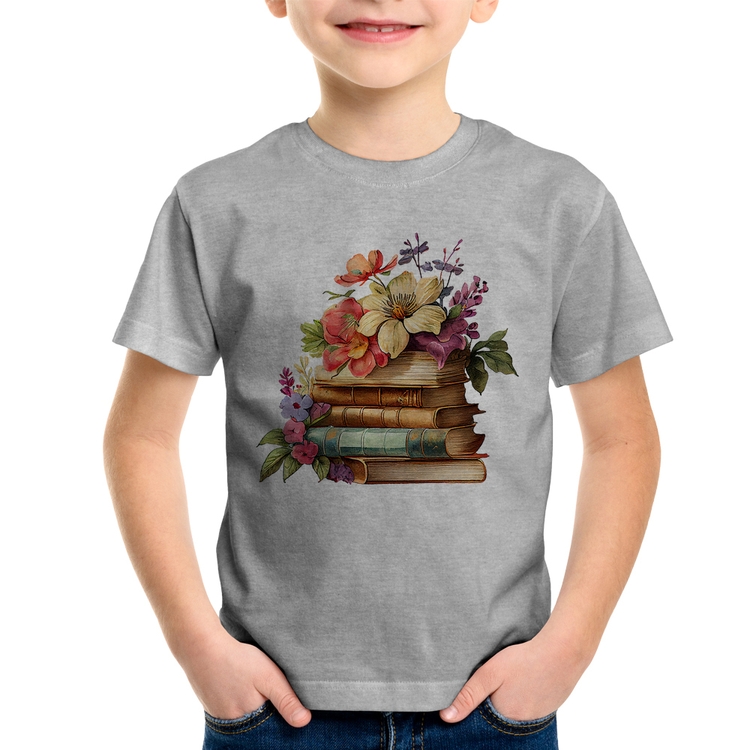 Camiseta Infantil Livros e Flores Vintage - Cinza
