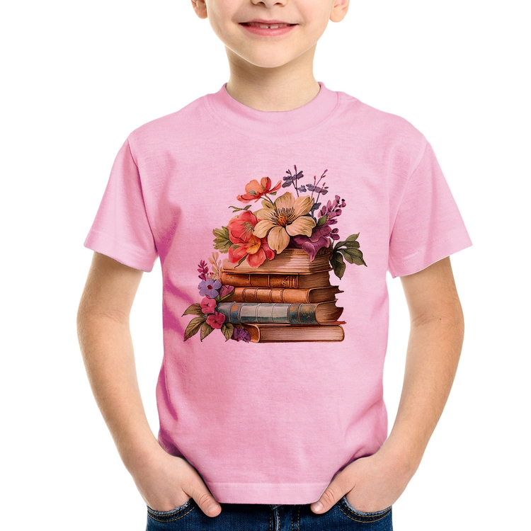 Camiseta Infantil Livros e Flores Vintage - Rosa Bebê