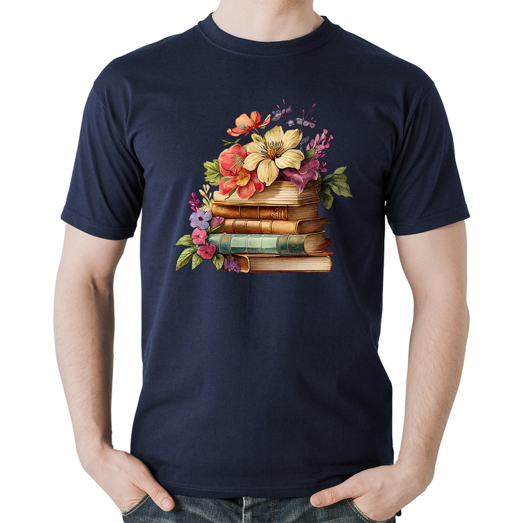 Camiseta Algodão Livros e Flores Vintage - Marinho
