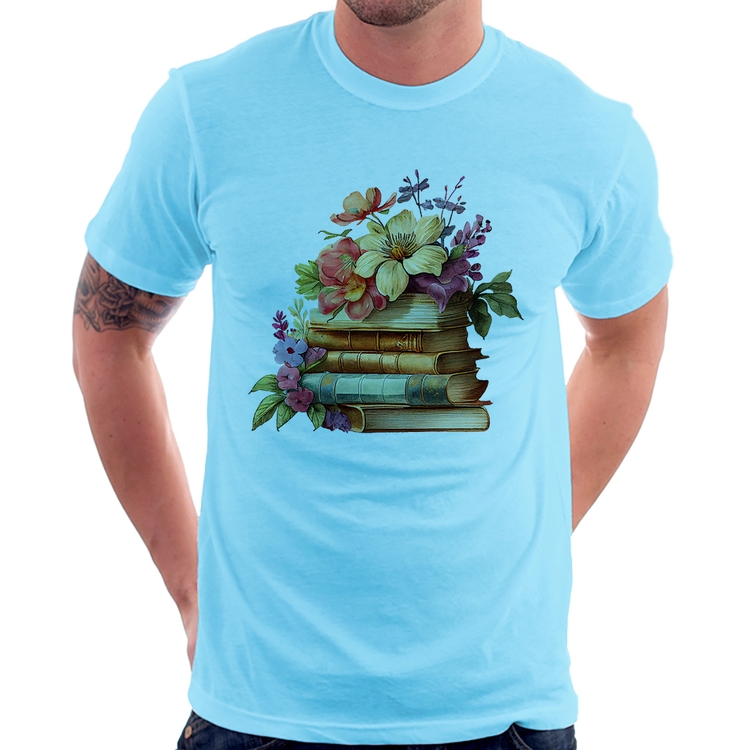 Camiseta Livros e Flores Vintage - Azul Bebê