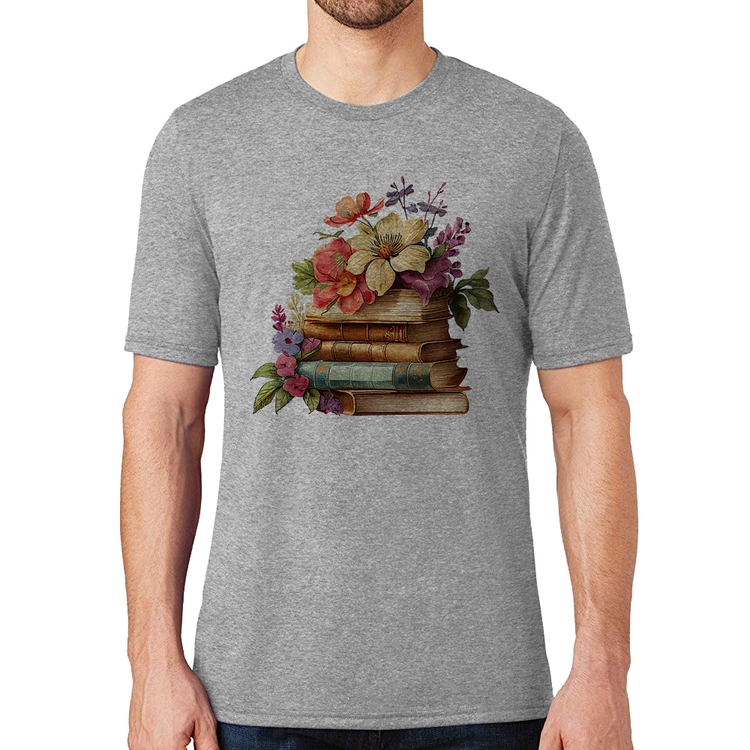 Camiseta Livros e Flores Vintage - Cinza