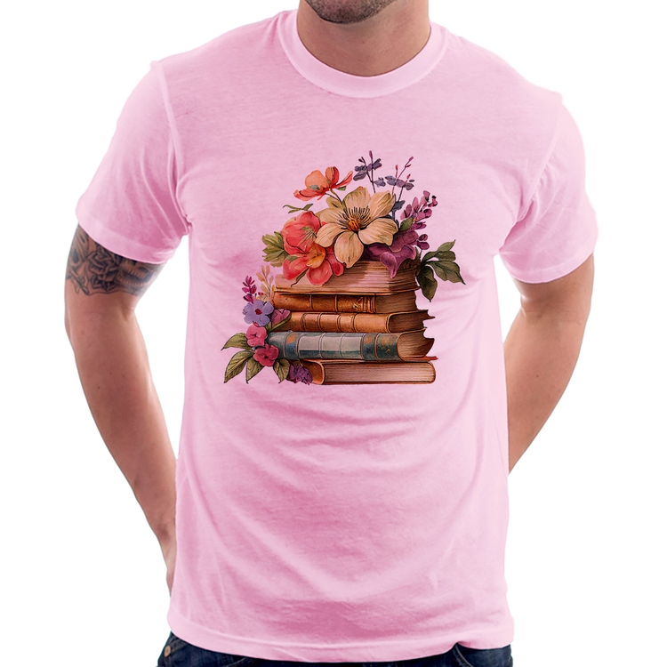 Camiseta Livros e Flores Vintage - Rosa Bebê