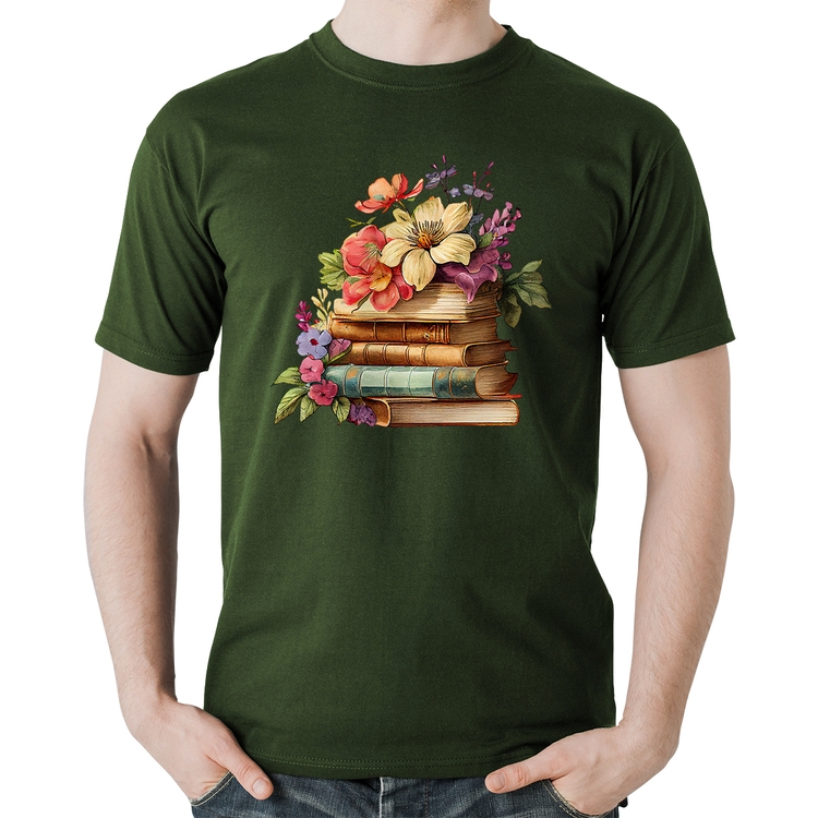 Camiseta Algodão Livros e Flores Vintage - Musgo