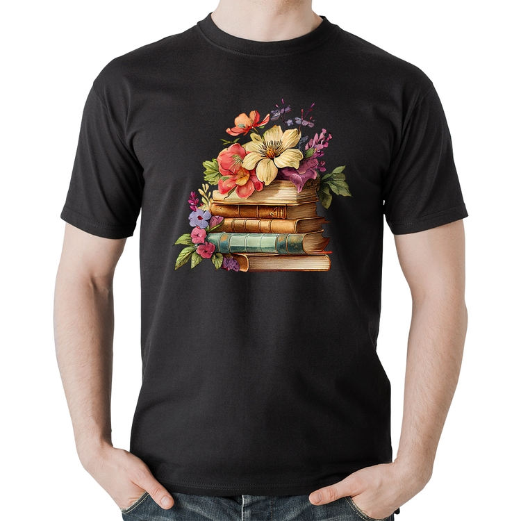 Camiseta Algodão Livros e Flores Vintage