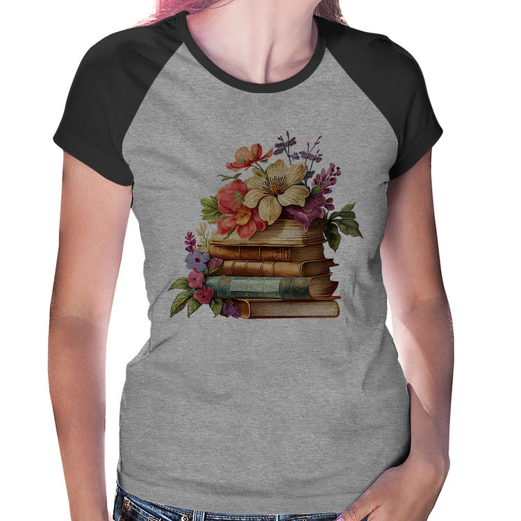 Baby Look Raglan Livros e Flores Vintage - Cinza/Preto