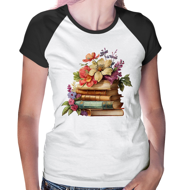 Baby Look Raglan Livros e Flores Vintage