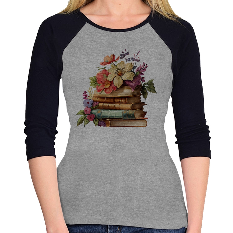 Baby Look Raglan Livros e Flores Vintage Manga 3/4 - Cinza/Preto