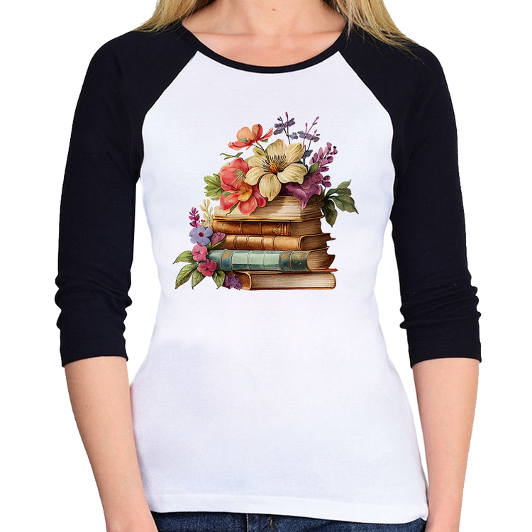 Baby Look Raglan Livros e Flores Vintage Manga 3/4